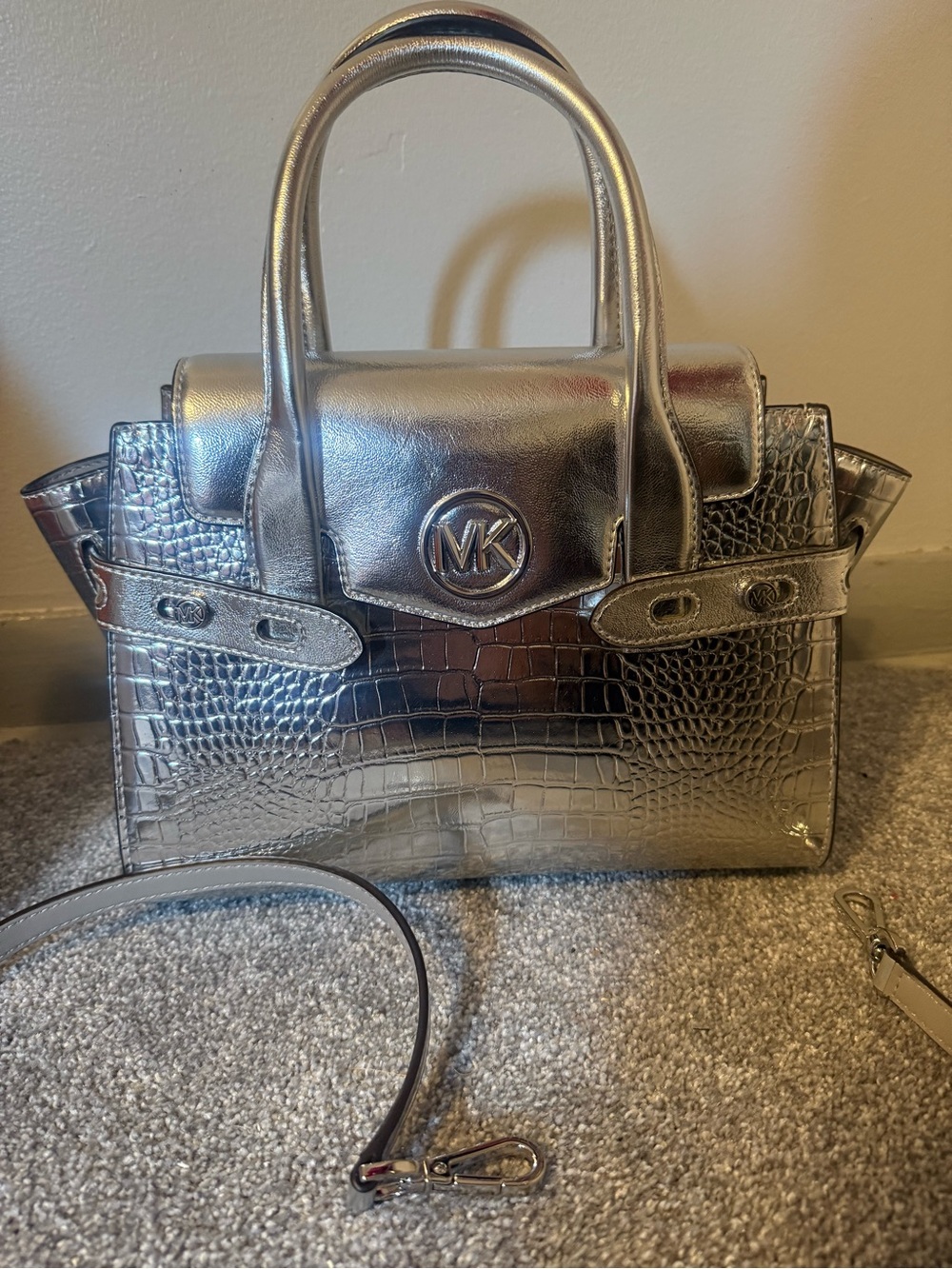 Michael Kors Silver Croc-Embossed Satchel